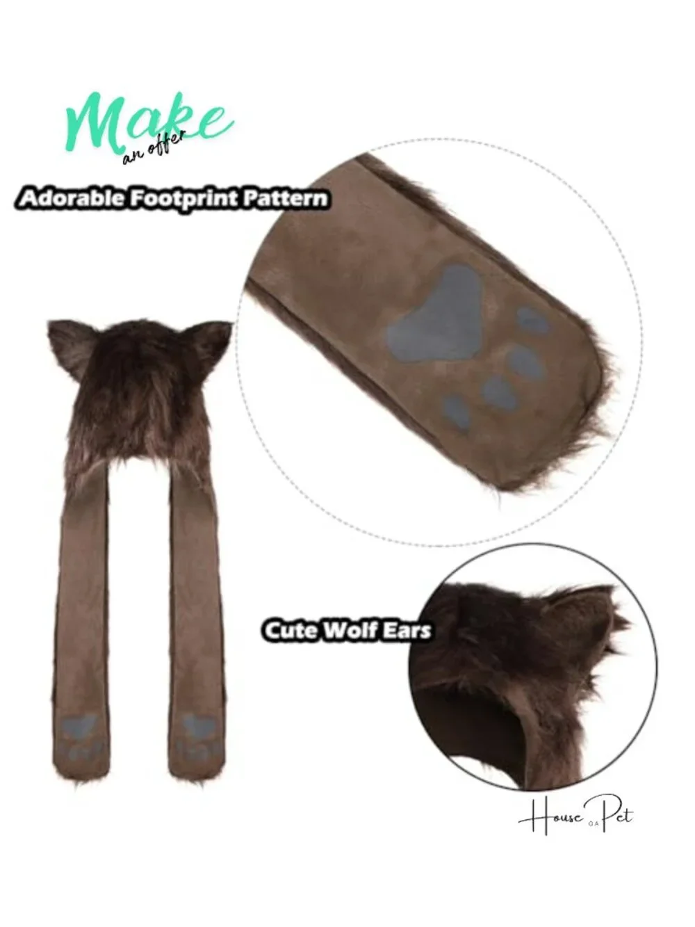 Faux Fur Animal Hood 3-in-1 Winter Scarf Gloves Set with Ears Paws